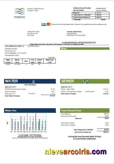 USA California Padredam business utility bill